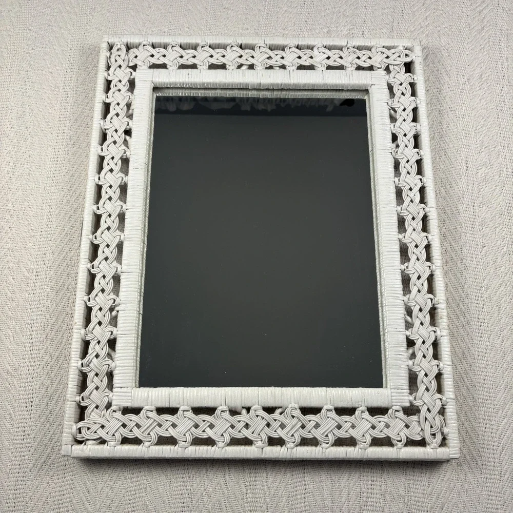 Vintage Rectangular White Wicker Mirror 1970's Cottage Core 21 x 17 Wall Mount